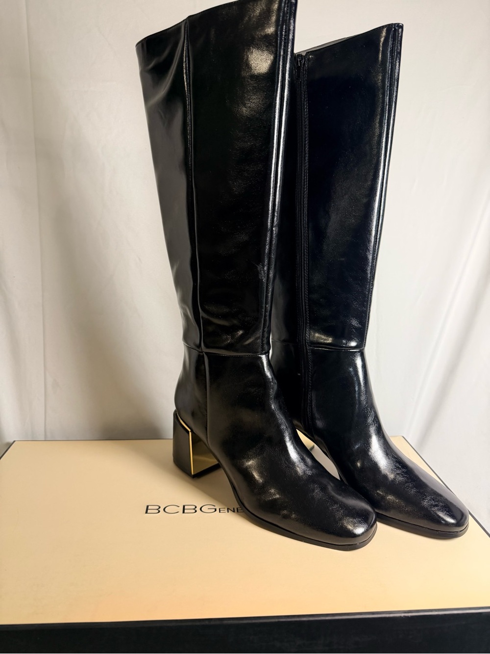 BCBGeneration Black Patent Over-the-Knee Block Heel Boots